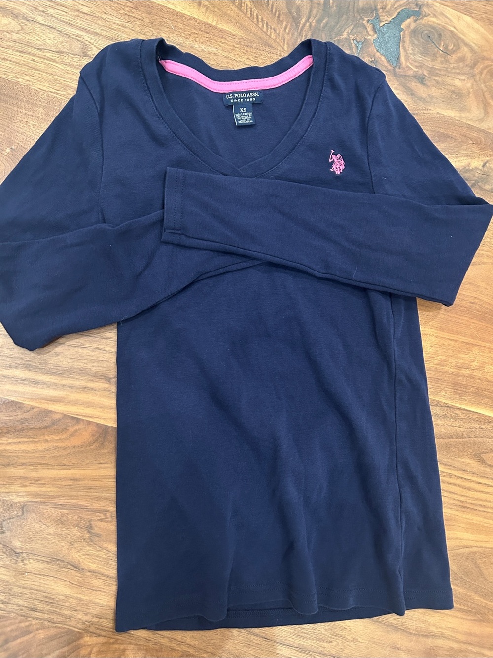 U.S. Polo Assn. Navy Long Sleeve V-Neck Tee with Pink Logo